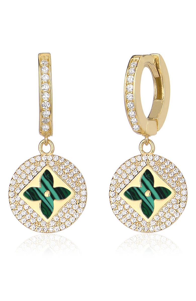 GABI RIELLE 14k Yellow Gold Vermeil Malachite Pave Clover Dangle Earrings, Main, color, 