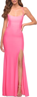 La Femme Neon Long Prom Dress in Luxurious Jersey with Slit