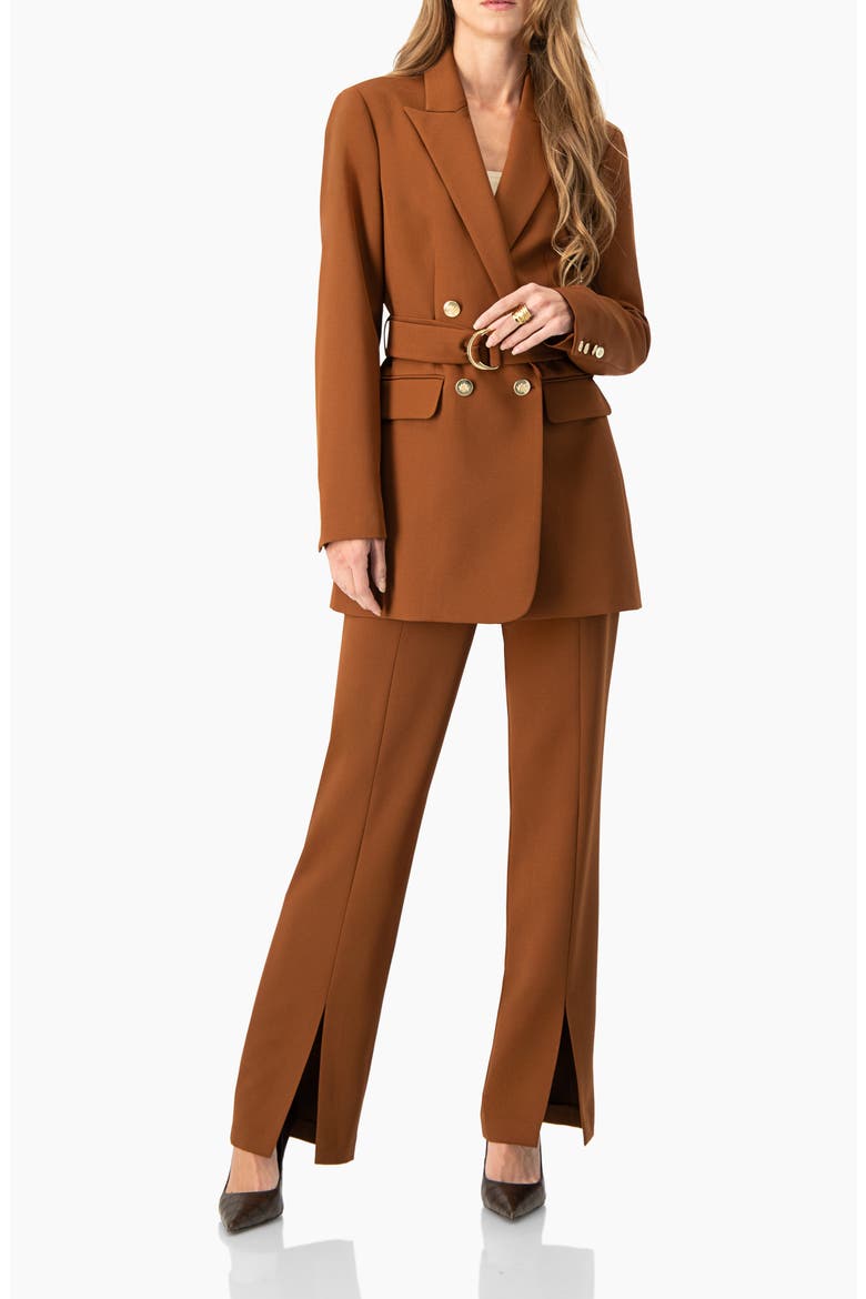 Double-Breasted Wrap Blazer with Waist Tie, Alternate, color, Brown