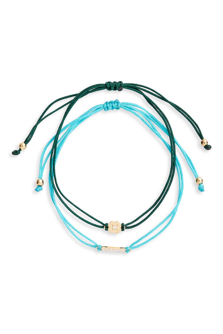 2-Pack Cubic Zirconia Charm Friendship Bracelets, Main, color, CLOVER/PLAQUE/GREEN/TEAL/GOLD