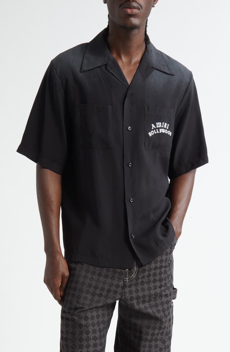 AMIRI Hollywood Appliqué Bowling Shirt, Main, color, Black