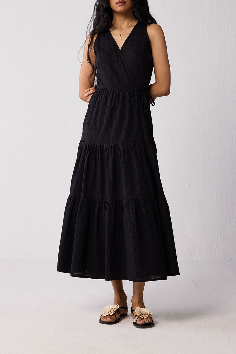 Sleeveless Embroidered Wrap Dress with Tiers, Main, color, Black
