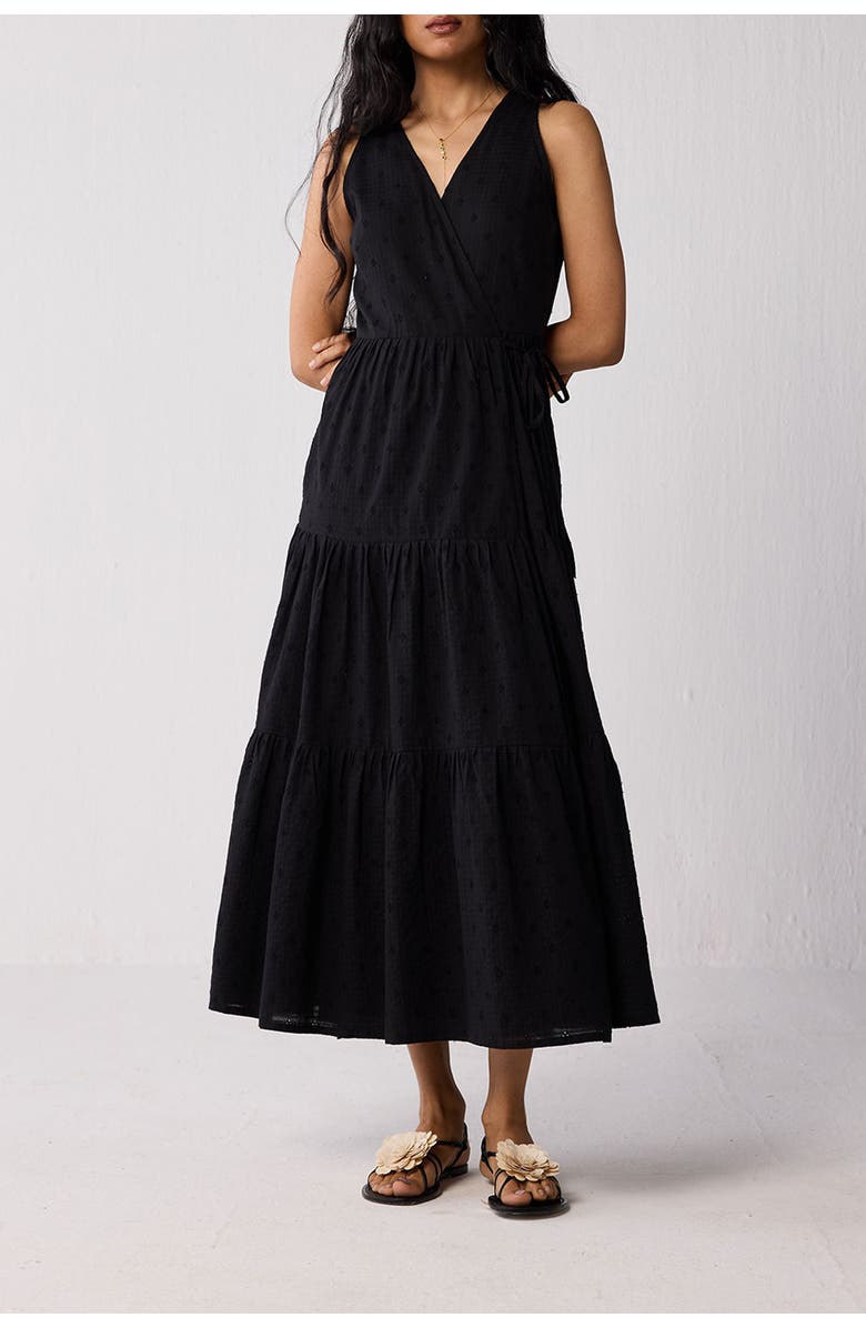 Reistor Sleeveless Embroidered Wrap Dress with Tiers, Main, color, Black