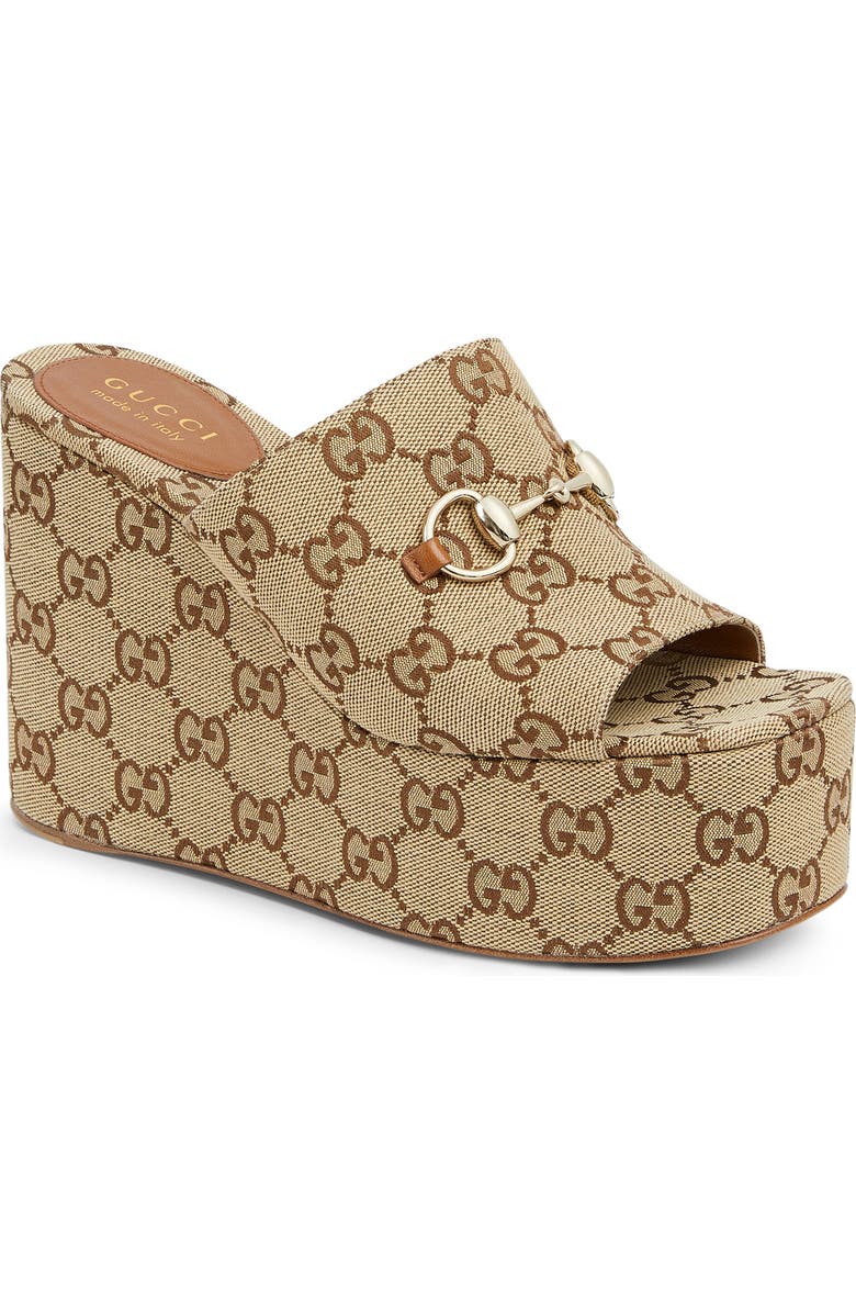 Gucci Carmen Horsebit Platform Wedge Sandal, Main, color, Brown