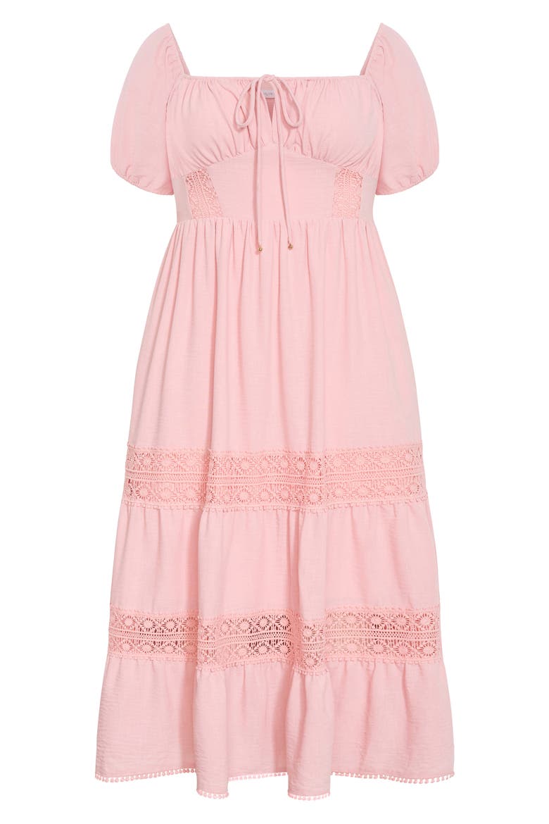 Haven Lace Trim Puff Sleeve Midi Dress, Alternate, color, PEACHY