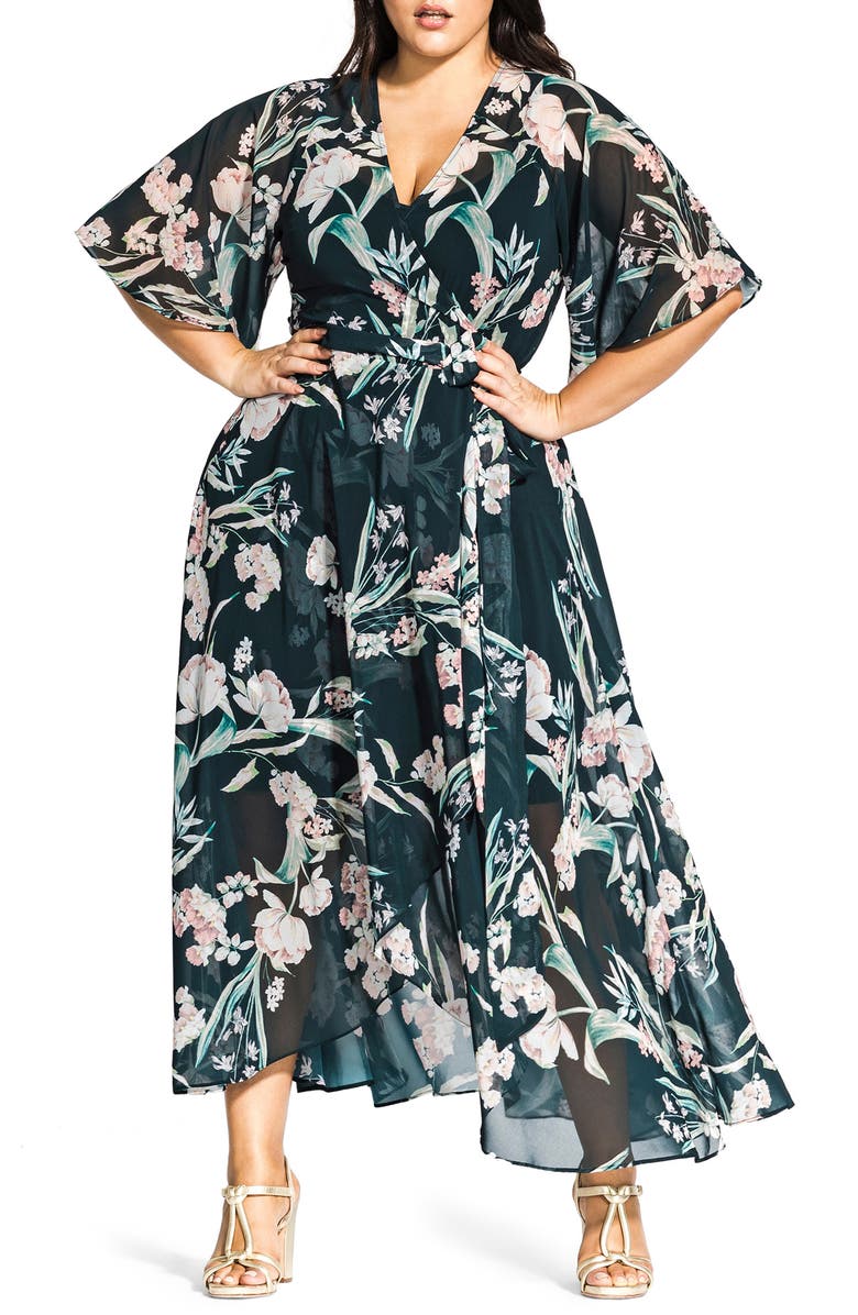 City Chic Fresh Fields Maxi Wrap Dress, Main, color, 