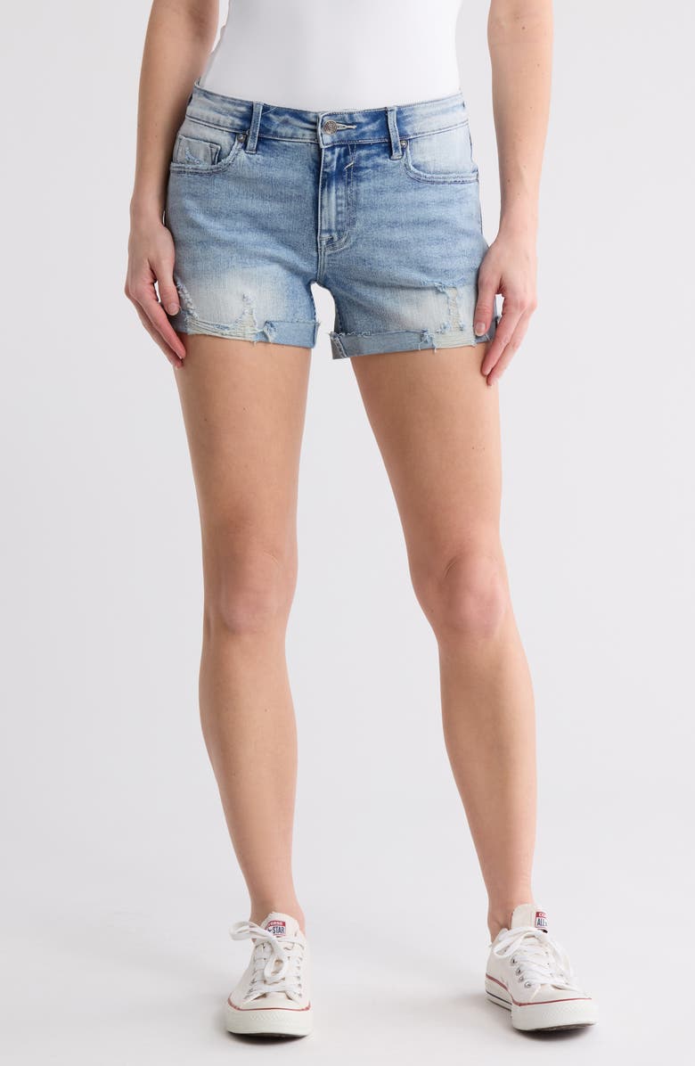 Vigoss Marley Ripped Mid Rise Denim Shorts, Main, color, Light Wash