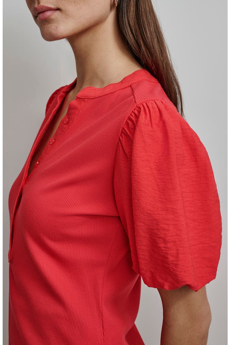 Puff Sleeve Mixed Media Henley Top, Alternate, color, FLAME