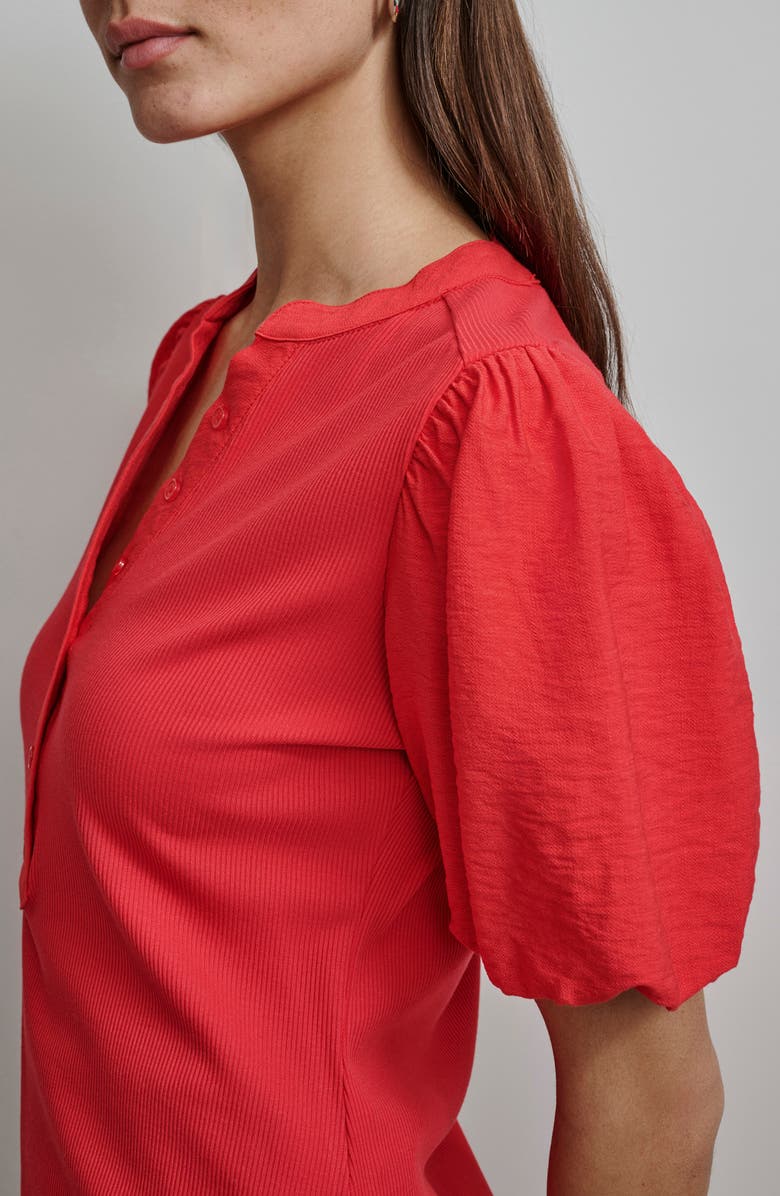 DKNY Puff Sleeve Mixed Media Henley Top, Alternate, color, Flame