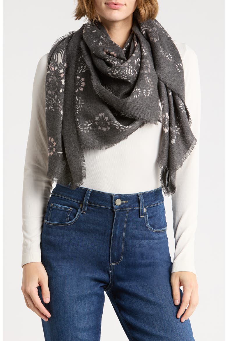 Western Block Print Square Scarf, Main, color, BLACK
