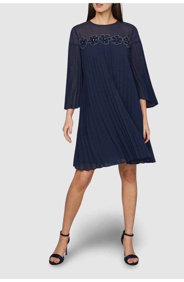 Wallis Pleated Floral Trim Shift Dress, Alternate, color, Navy