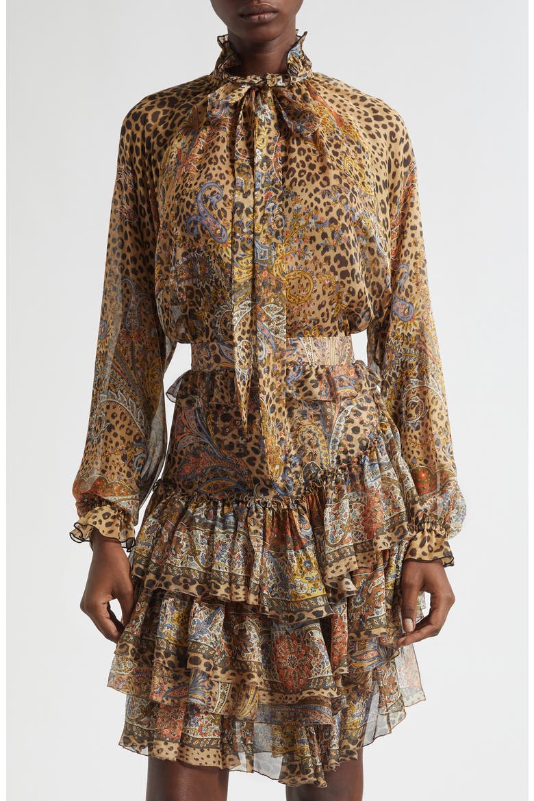 Paisley Leopard Spot Tie Neck Silk Shirt, Main, color, DARK BROWN