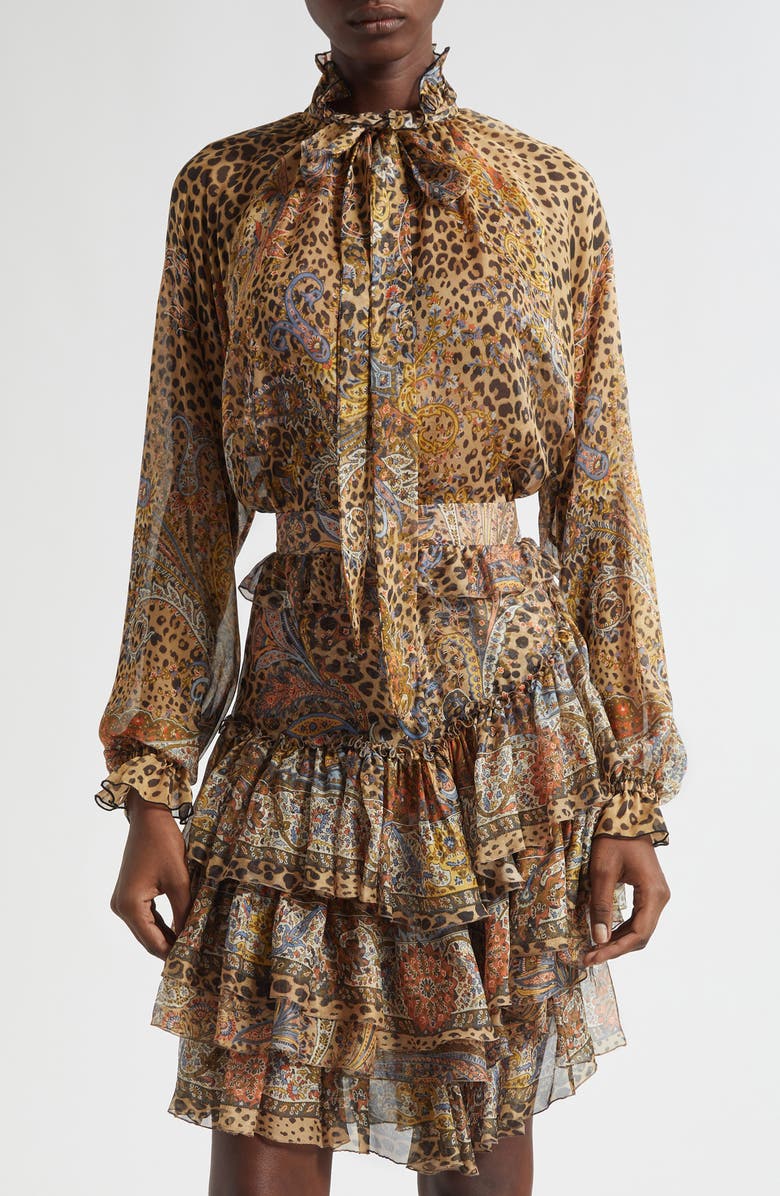 Etro Paisley Leopard Spot Tie Neck Silk Shirt, Main, color, Dark Brown