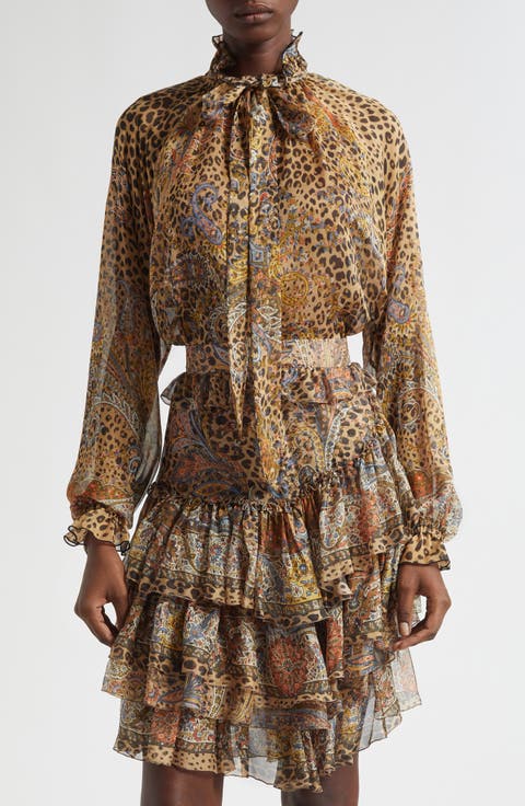 Paisley Leopard Spot Tie Neck Silk Shirt