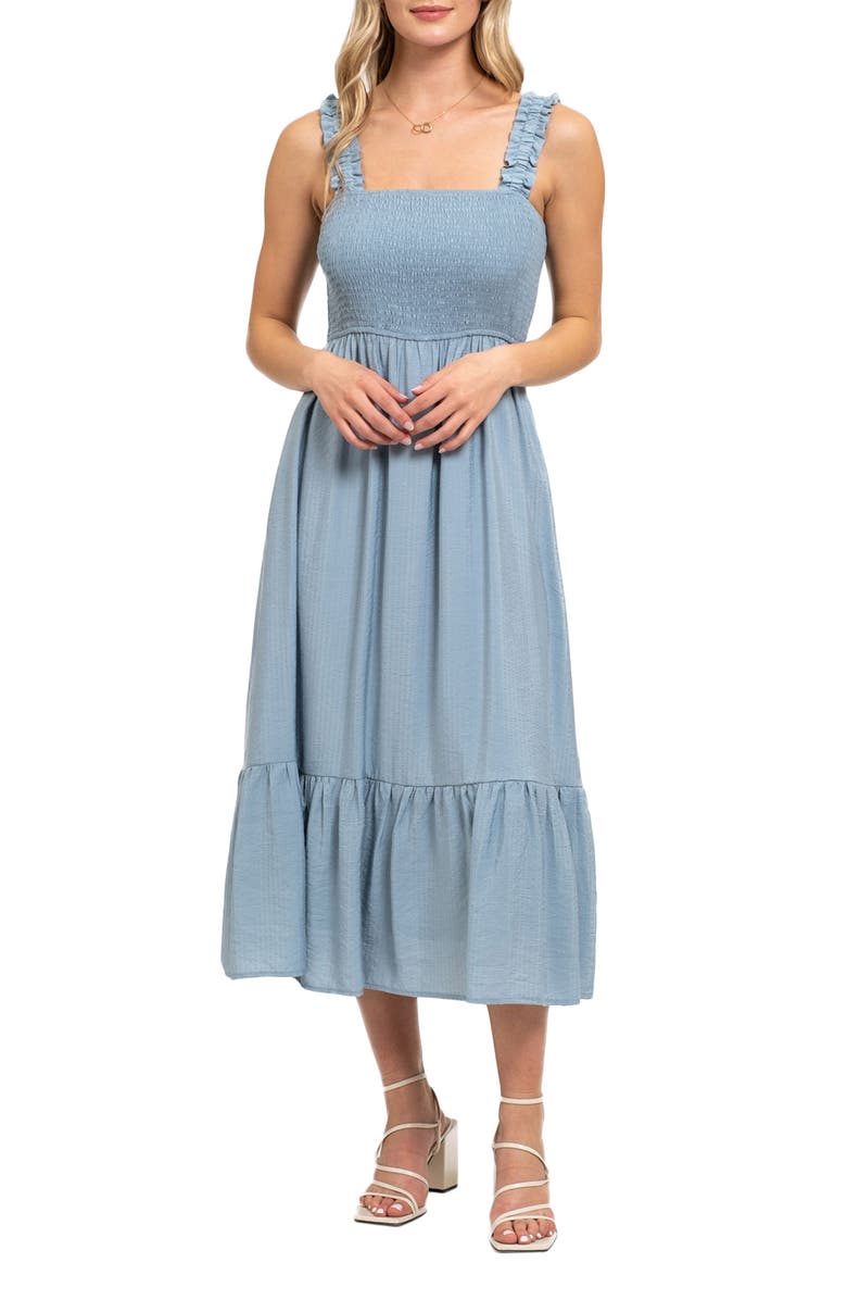 AUGUST SKY Smocked Empire Waist Midi Dress, Main, color, Light Teal