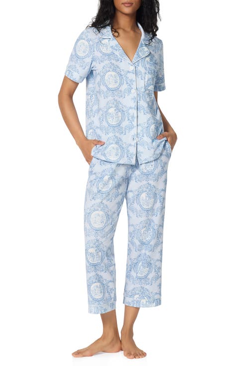 Print Stretch Cotton Jersey Crop Pajamas (Regular & Plus)