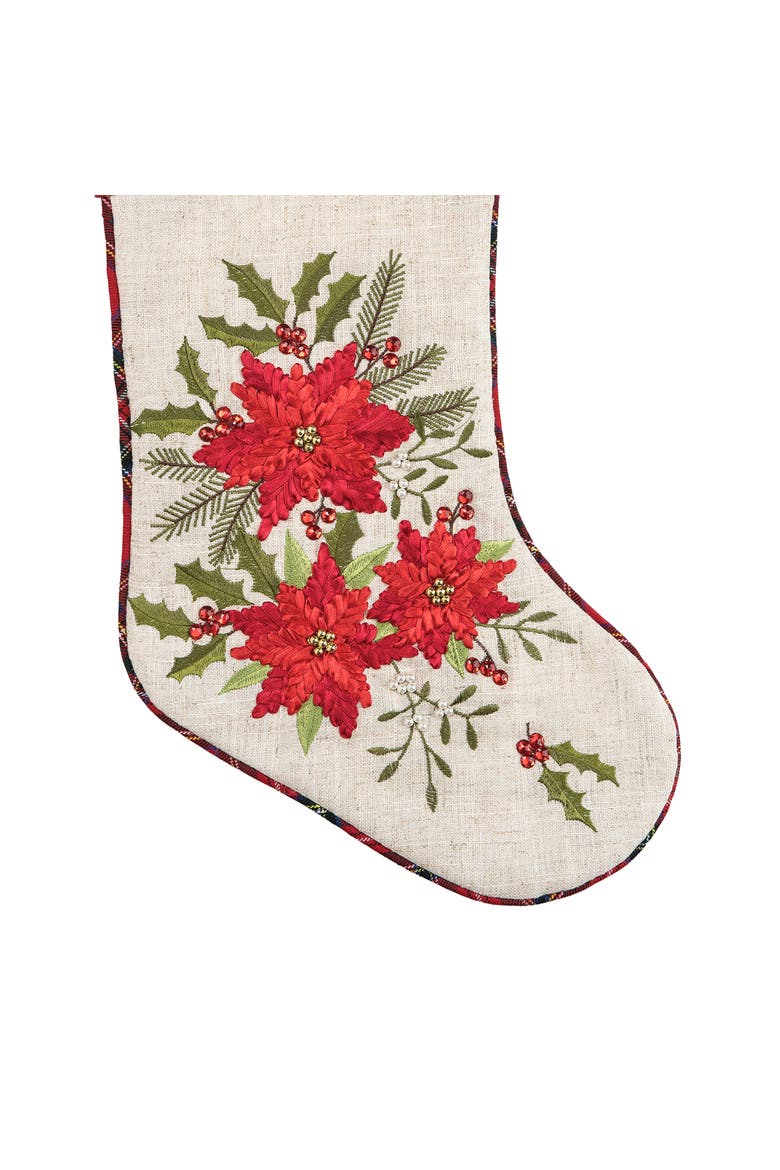 20" Merry Poinsettia Christmas Hanging Large Stocking with Plaid Cuff, Alternate, color, Brown
