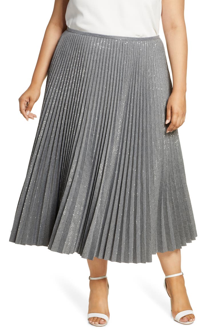 Jahira Sequin Pleated Midi Skirt, Main, color, NICKEL MELANGE