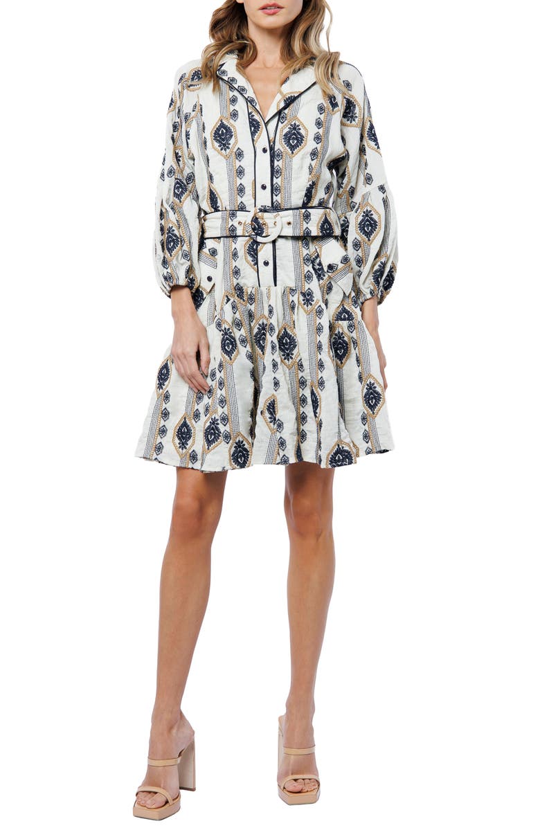 CIEBON Jasper Embroidered Long Sleeve Belted Shirtdress, Main, color, White Multi