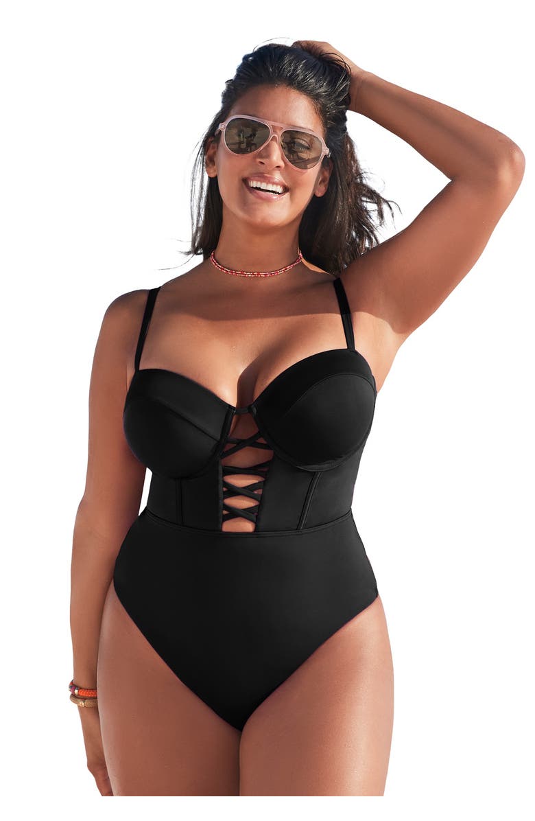 Swimsuits for All Underwire Lace Up One Piece Swimsuit, Main, color, Black