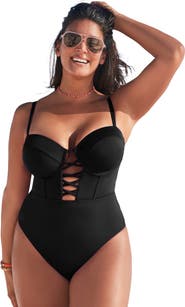Swimsuits for All Underwire Lace Up One Piece Swimsuit