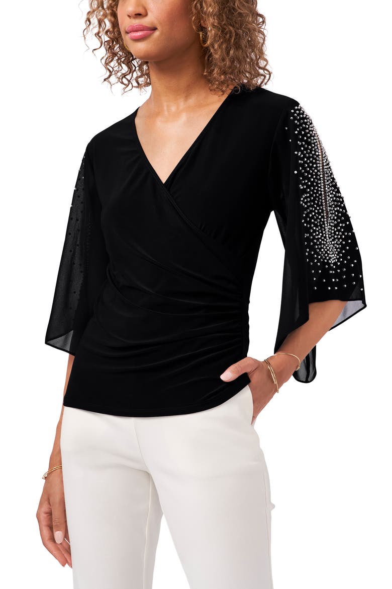 Embellished Split Sleeve Surplice Blouse, Main, color, BLACK 001