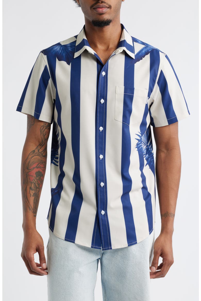 Stripe Palm Frond Short Sleeve Performance Button-Up Shirt, Main, color, BLUE