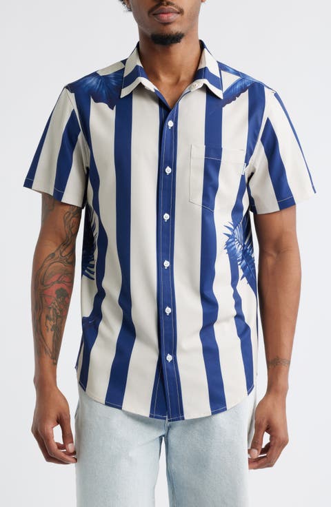 Stripe Palm Frond Short Sleeve Performance Button-Up Shirt