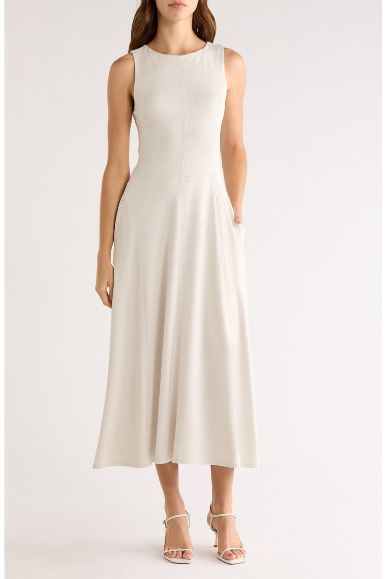 Contrast Topstitch Sleeveless Midi Dress, Main, color, SILVER BIRCH