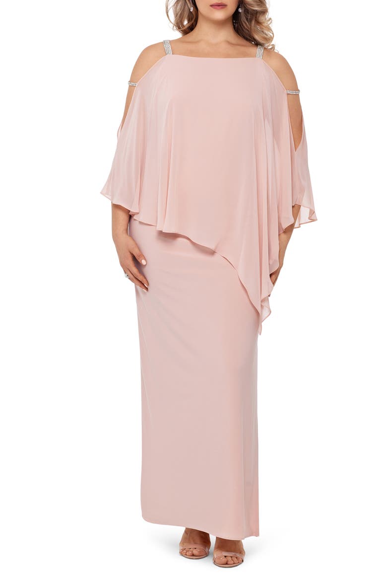 Xscape Chiffon Overlay Split Sleeve Gown, Main, color, BLUSH