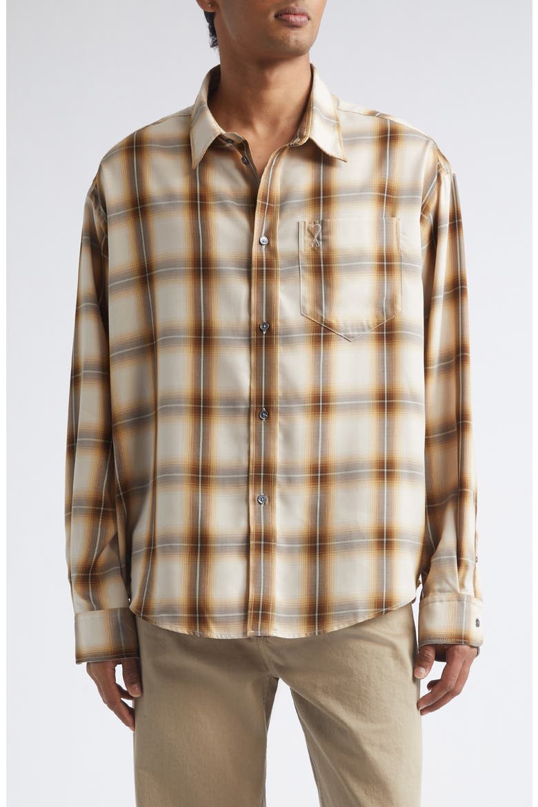 Ami de Coeur Embroidered Boxy Plaid Button-Up Shirt, Main, color, TAUPE BEIGE/ CARAMEL