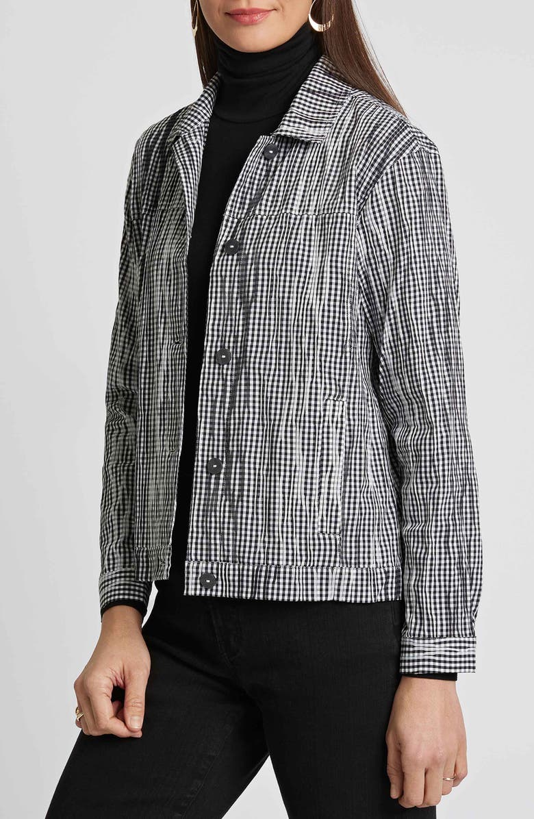 Foxcroft Thelma Crinkle Cotton Blend Gingham Jacket, Alternate, color, Black/ White