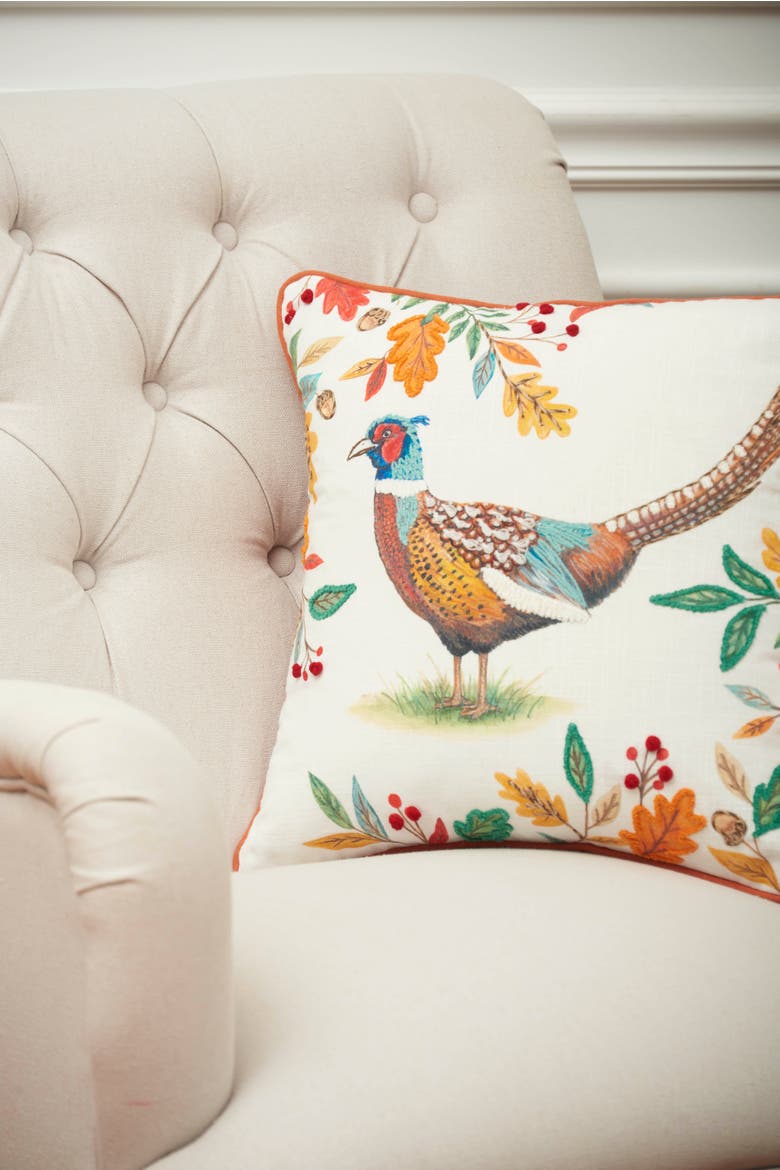 Harvest Pheasant w/ Foliage Printed Cotton Blend Accent Pillow 16" x 16", Alternate, color, White