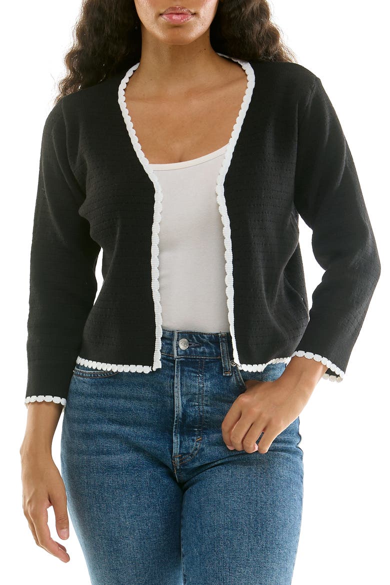 Scalloped Trim Pointelle Cardigan, Main, color, BLACK/ WHITE