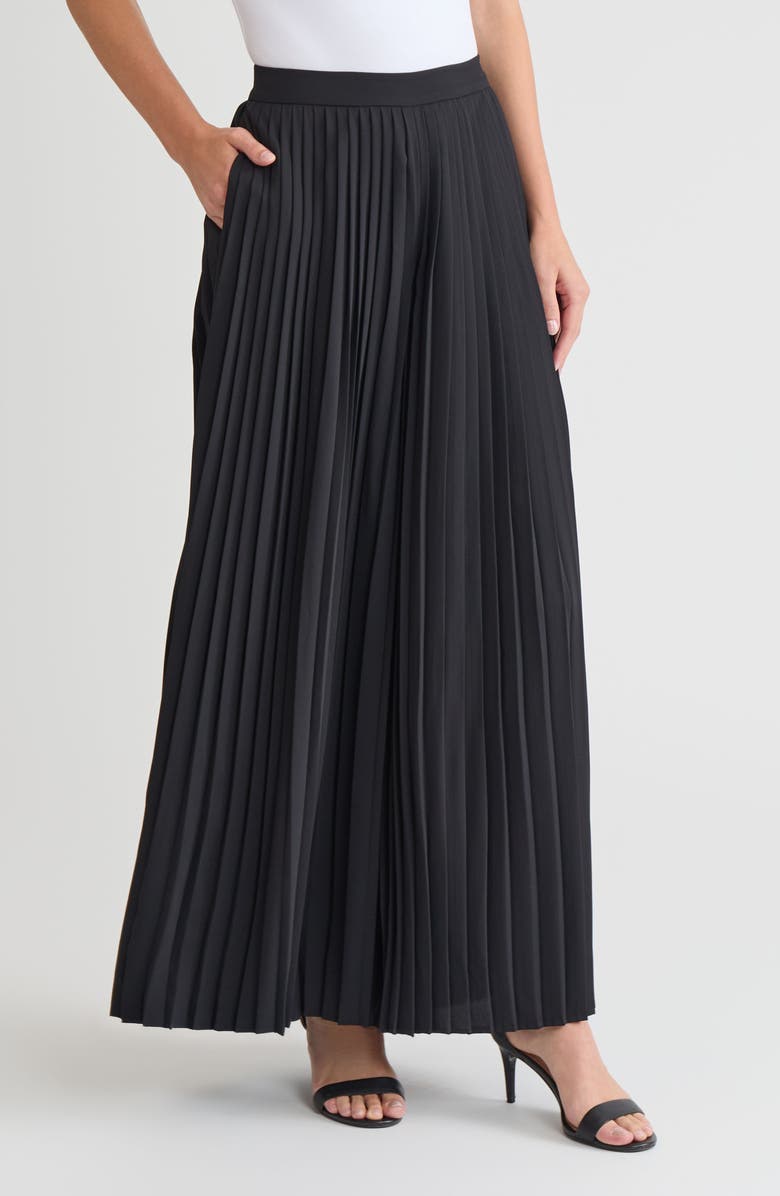 Misook Pleated Palazzo Crepe de Chine Flared Pant, Alternate, color, Black