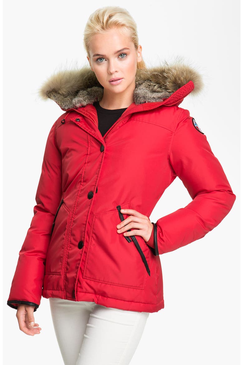 'Kayla' Down Parka with Genuine Rabbit & Coyote Fur, Main, color, RED