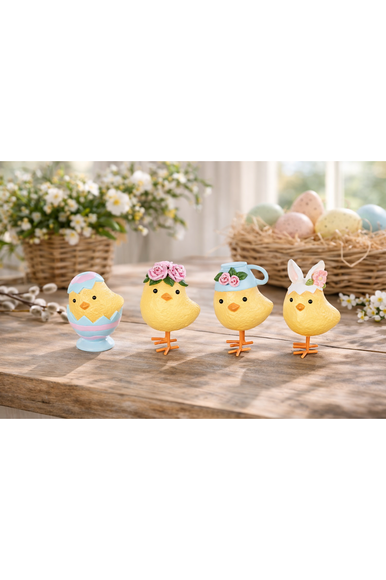 Yellow Easter Chicks Wearing Egg Hats Small Decorative Figurines Set of 4, Alternate, color, Yellow