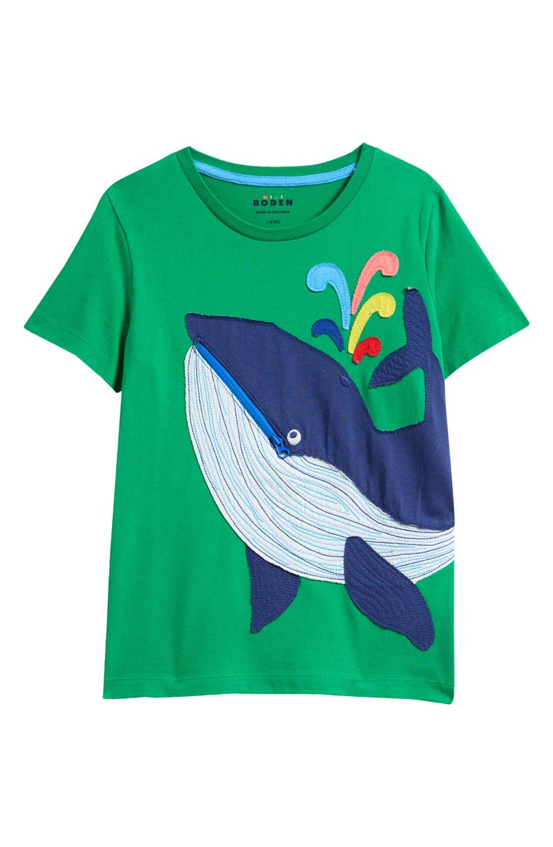 Mini Boden Kids' Zippered Whale Appliqué Cotton T-Shirt, Main, color, 
