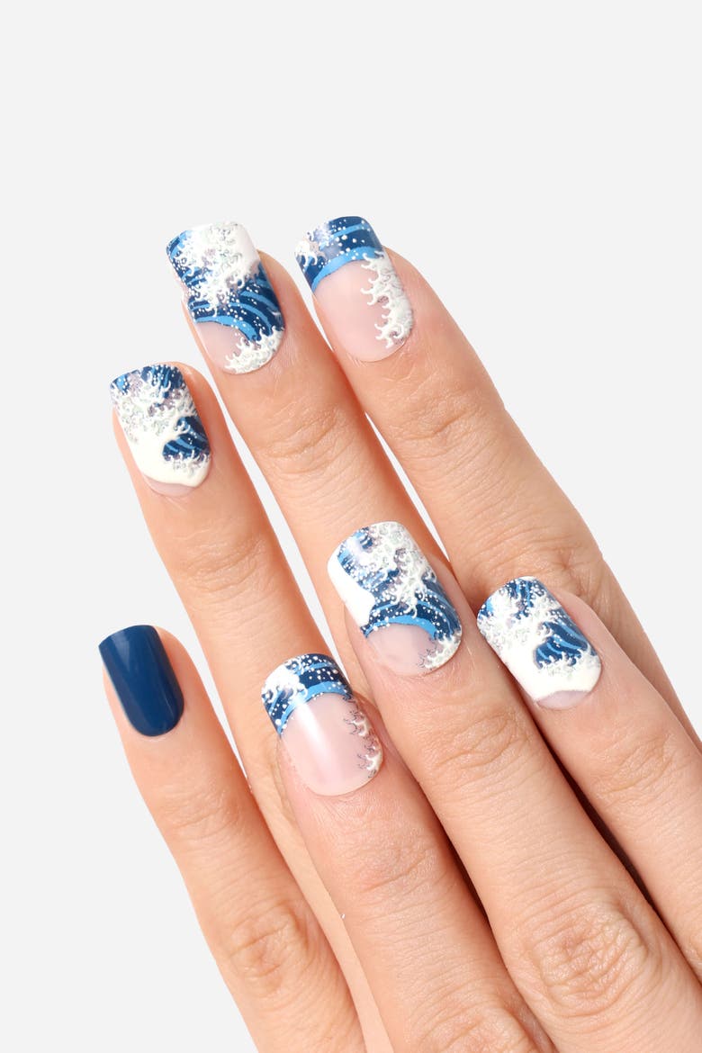 Katsushika Hokusai Great Wave Off Kanagawa Press On Nails, Alternate, color, Blue