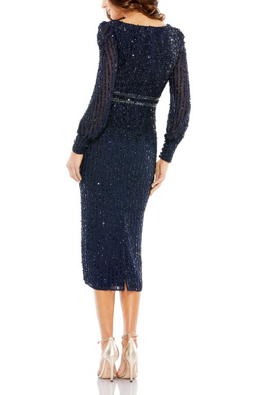 Mac Duggal V-neck Sequined Overlay Gown With Long Bishop Sleeves And Embellished Waist In Blue