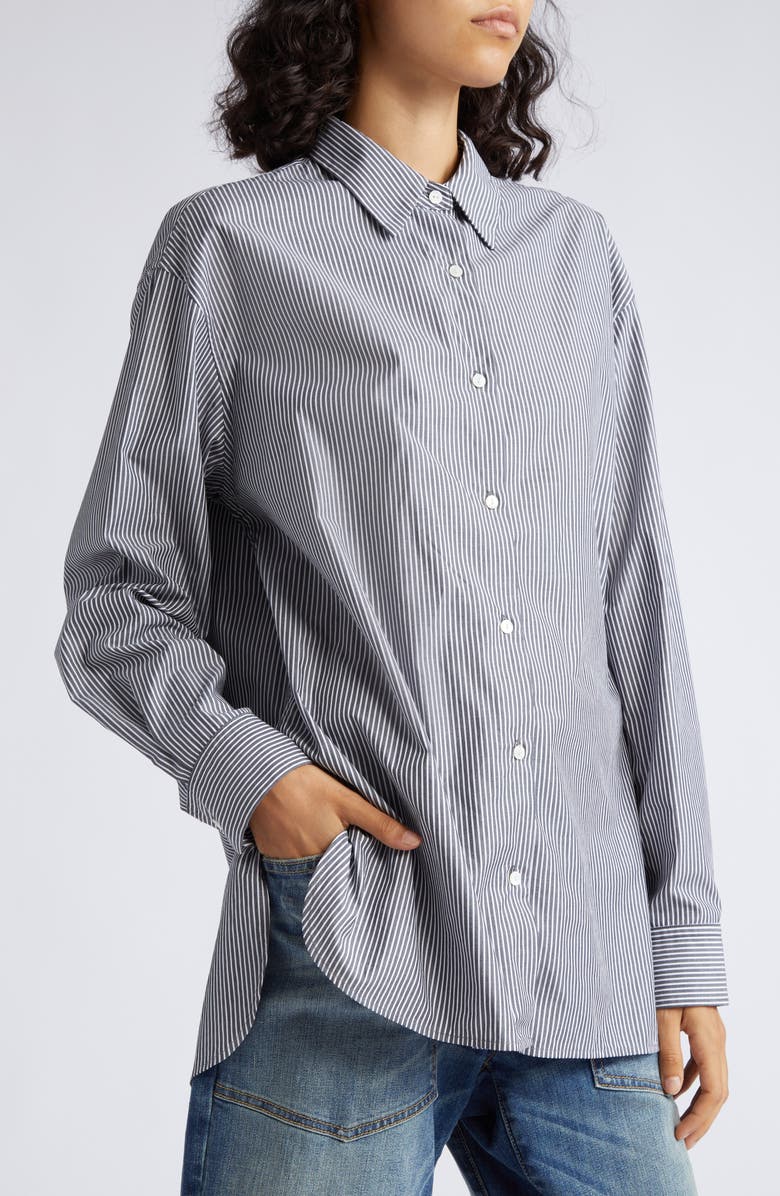 Nili Lotan Yorke Stripe High-Low Cotton Shirt, Alternate, color, 