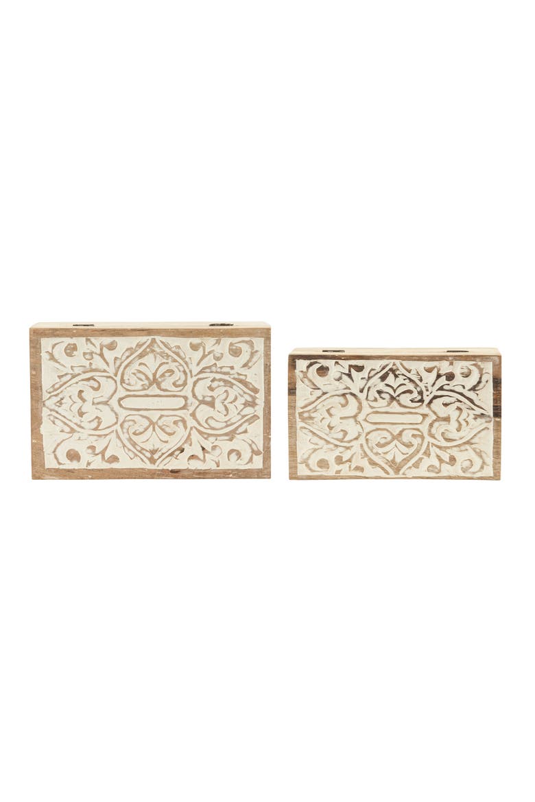 Handcarved & Whitewashed Mango Wood Boxes, Set of 2, Alternate, color, White Washed