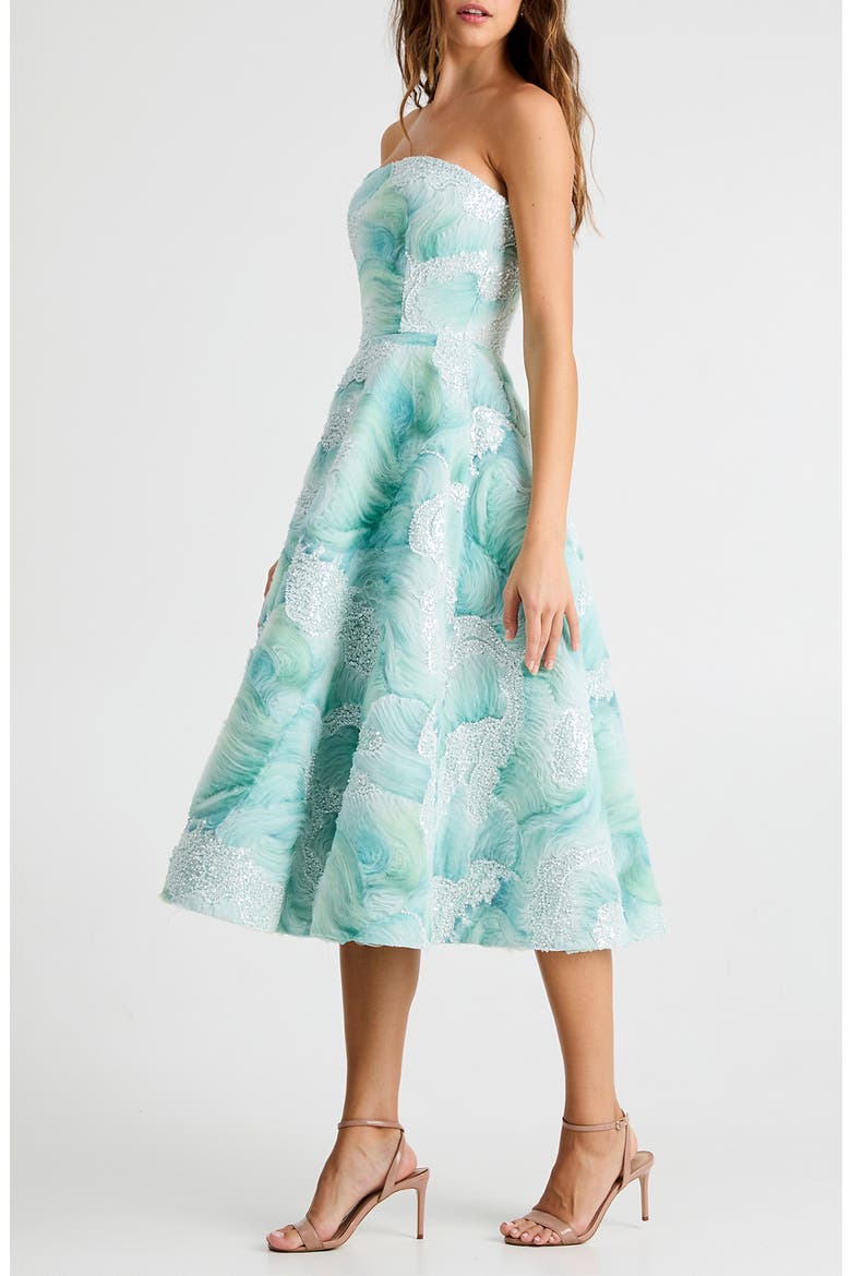 Vivi Bead Detail Print Strapless Cocktail Midi Dress, Alternate, color, SEAFOAM