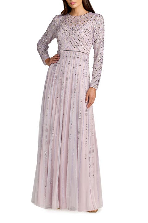 Hand Embellished Long Sleeve A-Line Gown