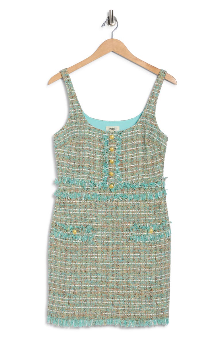Valli Square Neck Sleeveless Tweed Minidress, Alternate, color, LAGOON/ LT BROWN TWEED