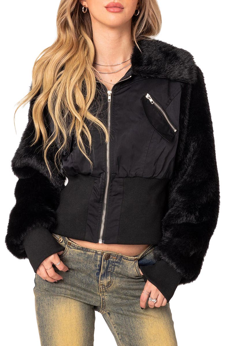 EDIKTED Malliora Faux Fur Trim Bomber Jacket, Main, color, Black