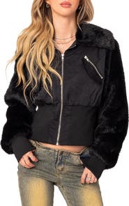 EDIKTED Malliora Faux Fur Trim Bomber Jacket