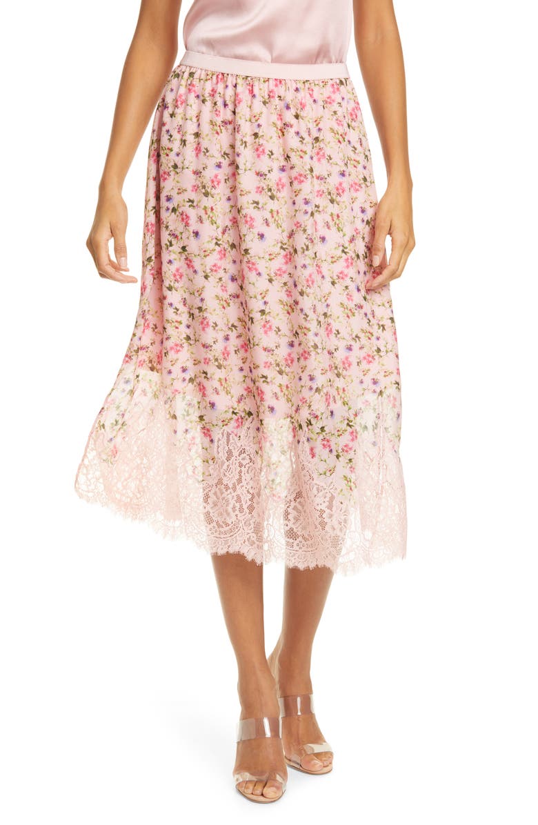CAMI NYC The Quana Lace Trim Floral Silk Skirt, Main, color, 