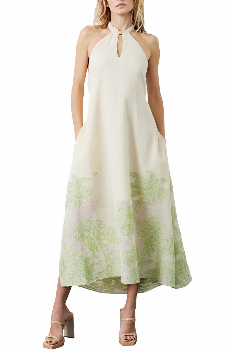 CIEBON Nahara Print Halter Maxi Dress, Main, color, Cream/ Green