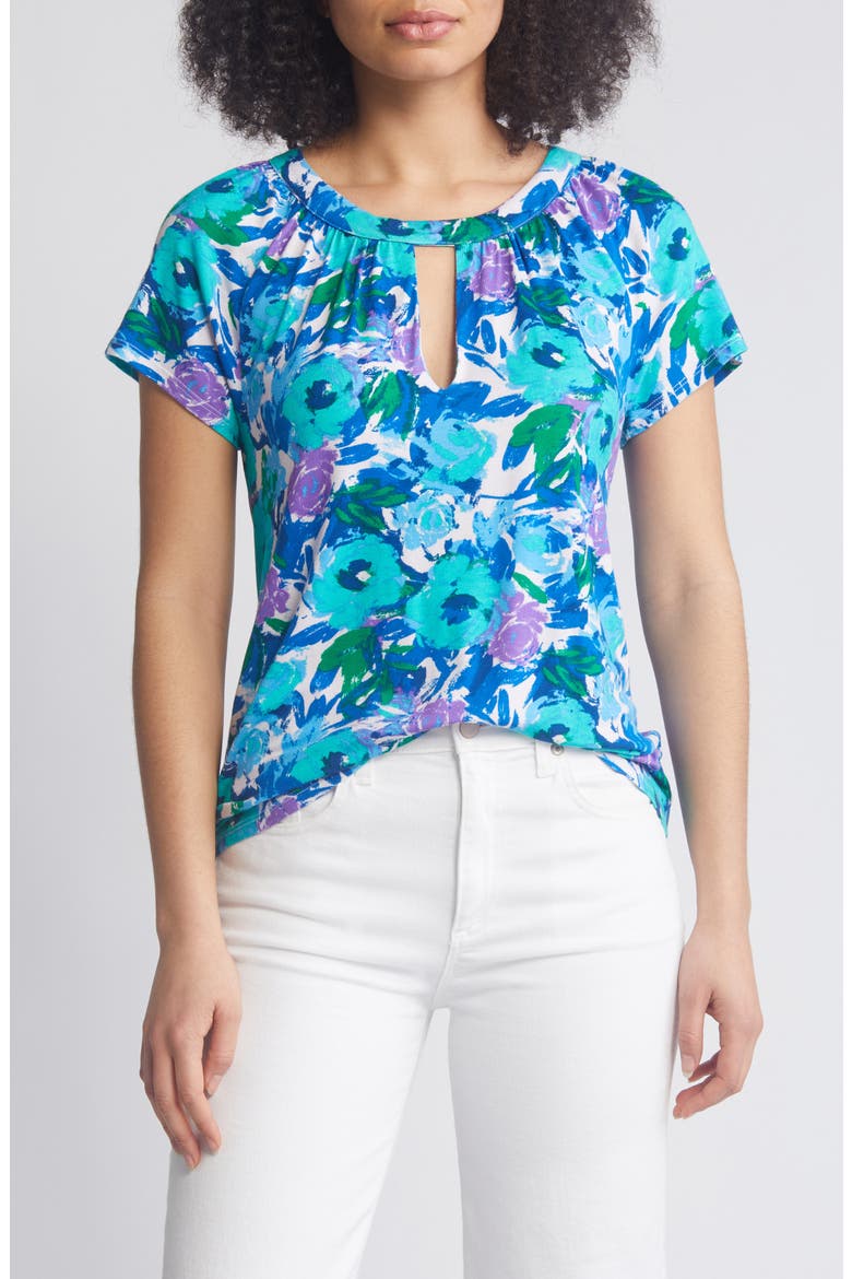 Floral Print Keyhole Top, Main, color, BLUE